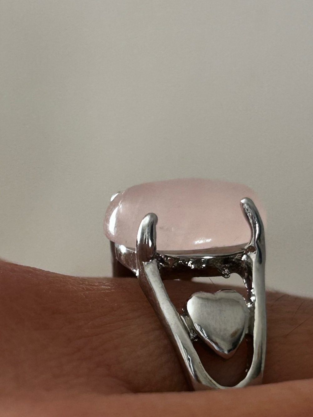 Stainless steel Heart Ring with Rose Quartz